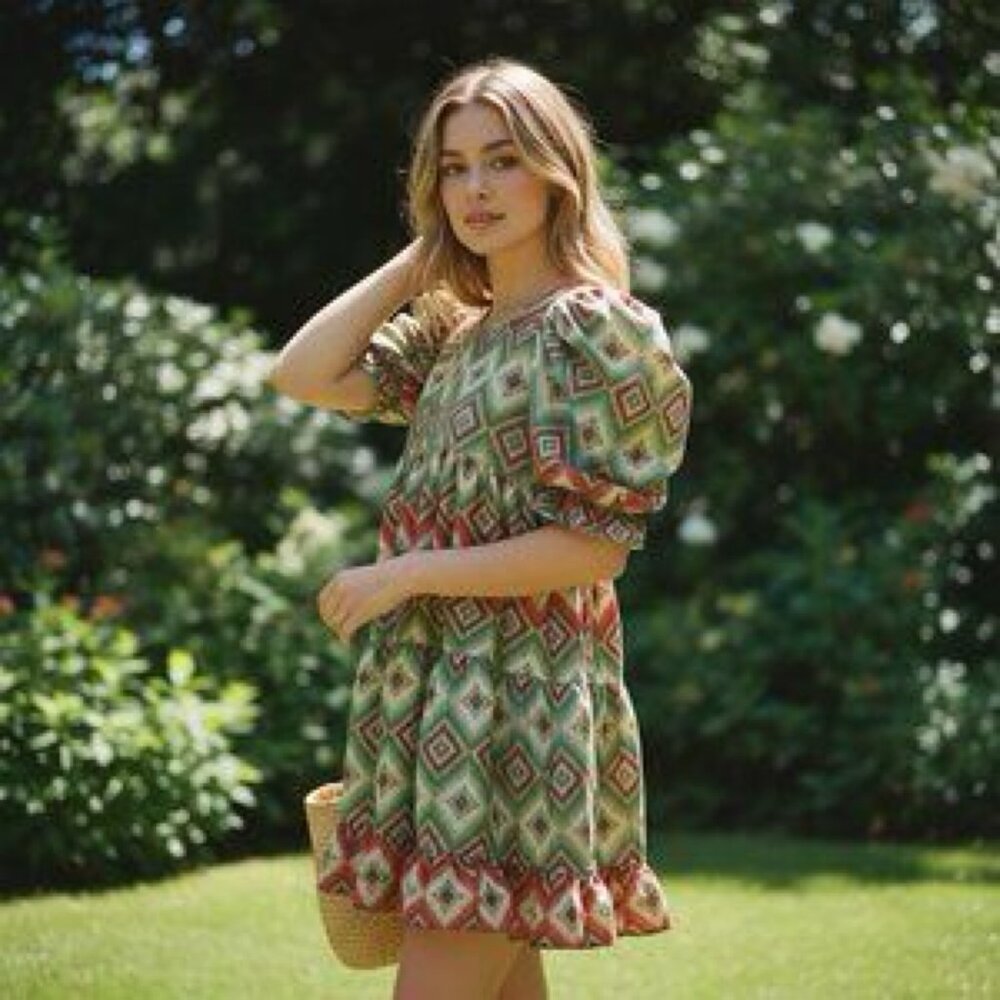 Autumn Adeigbo Oona Abstract Printed Puff Sleeve Tiered Mini Dress